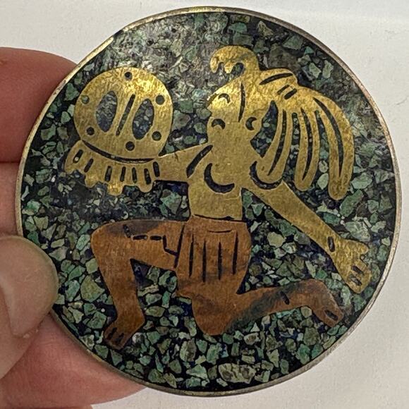VTG Taxco Mexico Sterling Silver Copper Brass Turquoise Mosaic Pin Pendant CHC - Picture 6 of 7